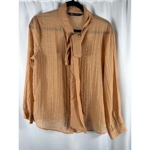 ZARA Camel Textured‎ Bow Neck Long Sleeve Blouse Shirt Top Women XS